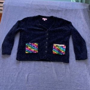 Girls Dark Blue chenille cardigan- sequins pockets.